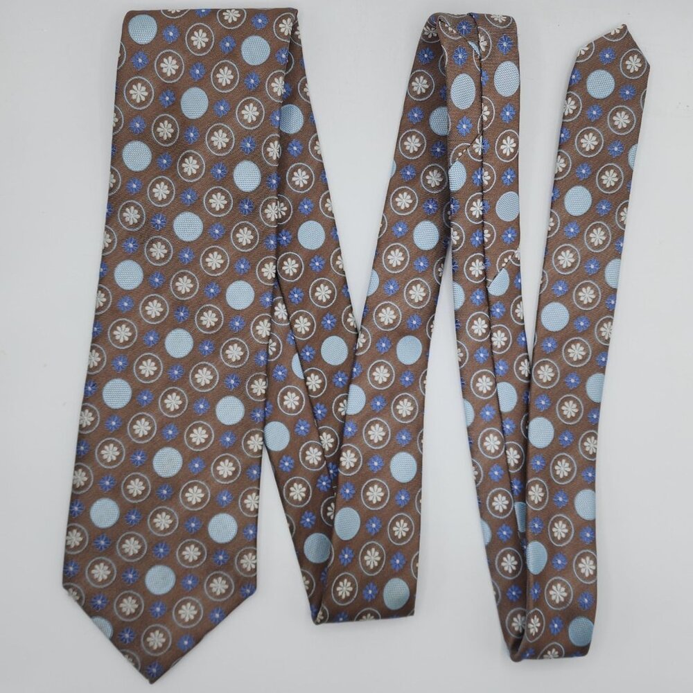 Floral Necktie Tie D. Berite Taupe Blue White Silk 57"L 3"W